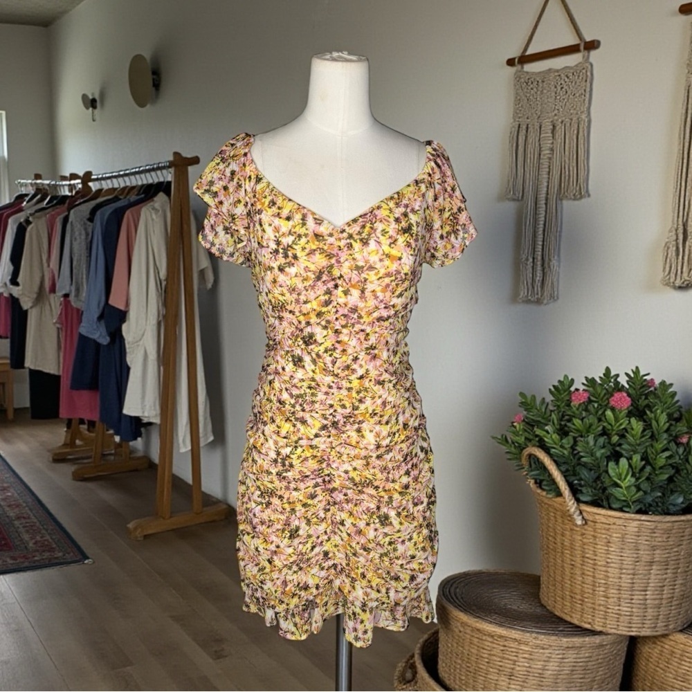 ASTR the Label Shirred Flutter Mini Dress Blush Yellow Multi Floral Print Medium